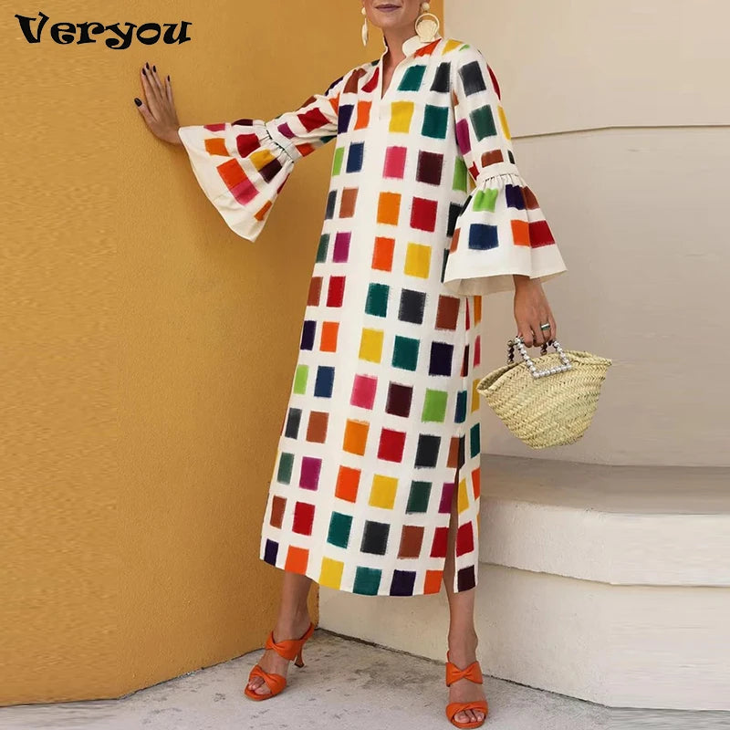 Printed V-Neck Long Sleeve Maxi Shirt Dress - Casual Street Style Women's Ankle-Length Loose Dress