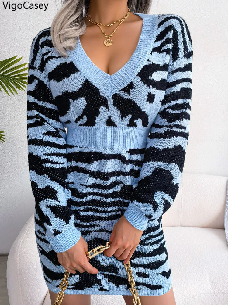 VigoCasey V-Neck Knit Mini Dress for Women – Long Sleeve Autumn/Winter Slim Fit