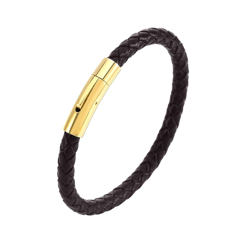 Unisex Braided PU Leather Bracelet with Stainless Steel Clasp - Trendy Geometric Bangle Gift for Men & Women