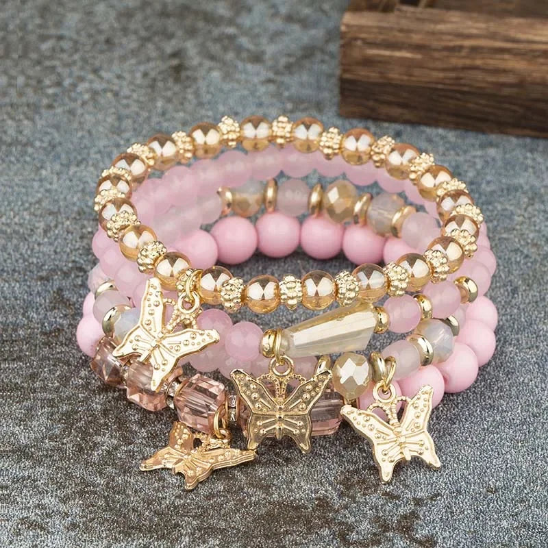 4-Piece Pink Butterfly Beaded Bracelet Set for Women - Acrylic Elastic Boho Stackable Bracelets Gift