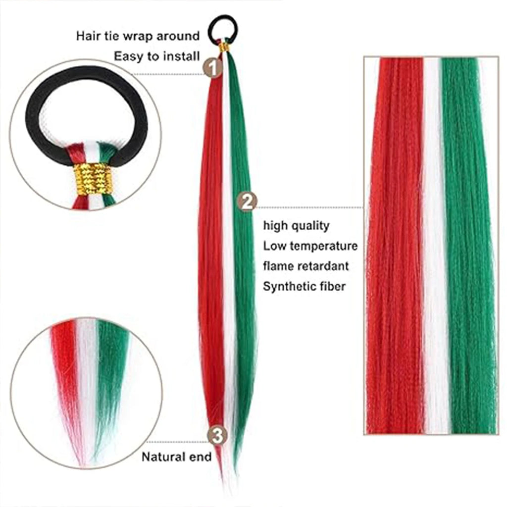 Christmas Color Braid Ponytail Extension with Elastic Tie - Straight Sleek Tube Wrap, Heat-Resistant Synthetic Hair