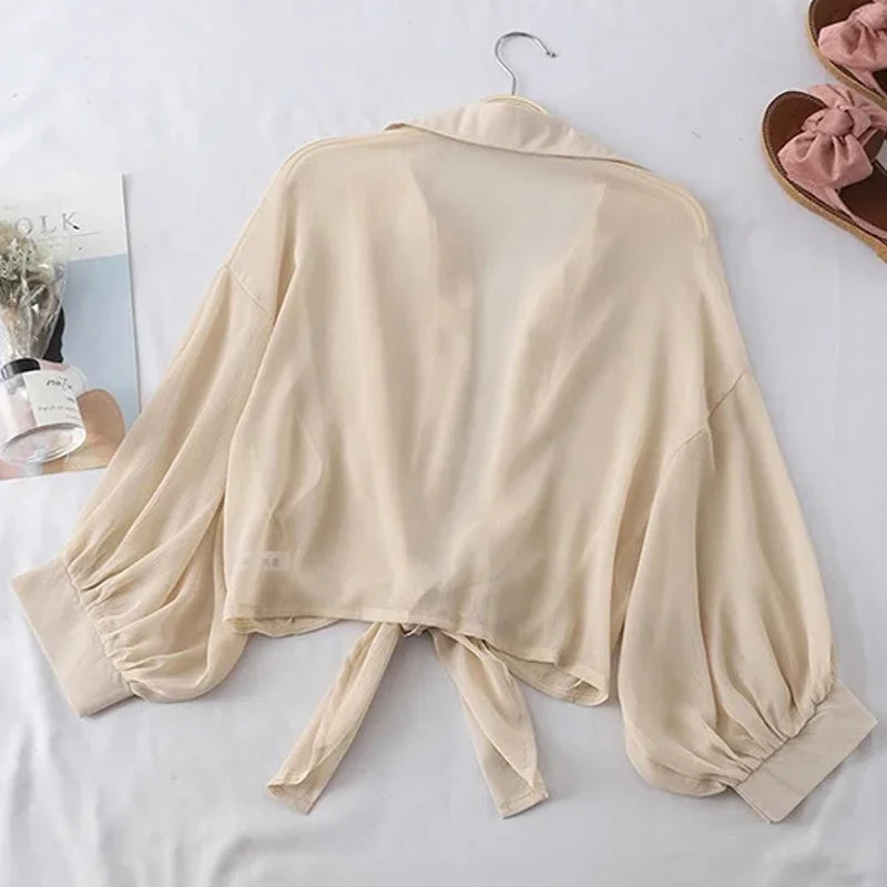 Women's Chiffon Tie Waist Blouse Batwing Half Sleeve Summer Casual Hollow Button Top White