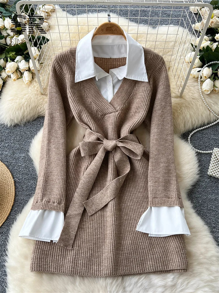 Women’s Knit Two-Piece Sweater Dress Set with Belt — Lapel Collar, Long Sleeve Knee-Length Patchwork for Office Autumn/Winter