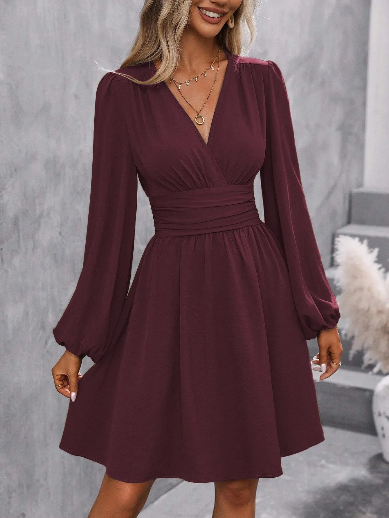 Asymmetric V-Neck Lantern Sleeve Knit Dress – Shirred Waist A-Line Winter Dress for Women