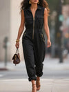 UOOZEE Women's Sleeveless Black Zipper Jumpsuit with Pockets - Casual Summer Streetwear
