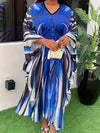 Plus Size Printed Rhinestone V-Neck Cheongsam Dress with Batwing Sleeves - Loose Long Casual