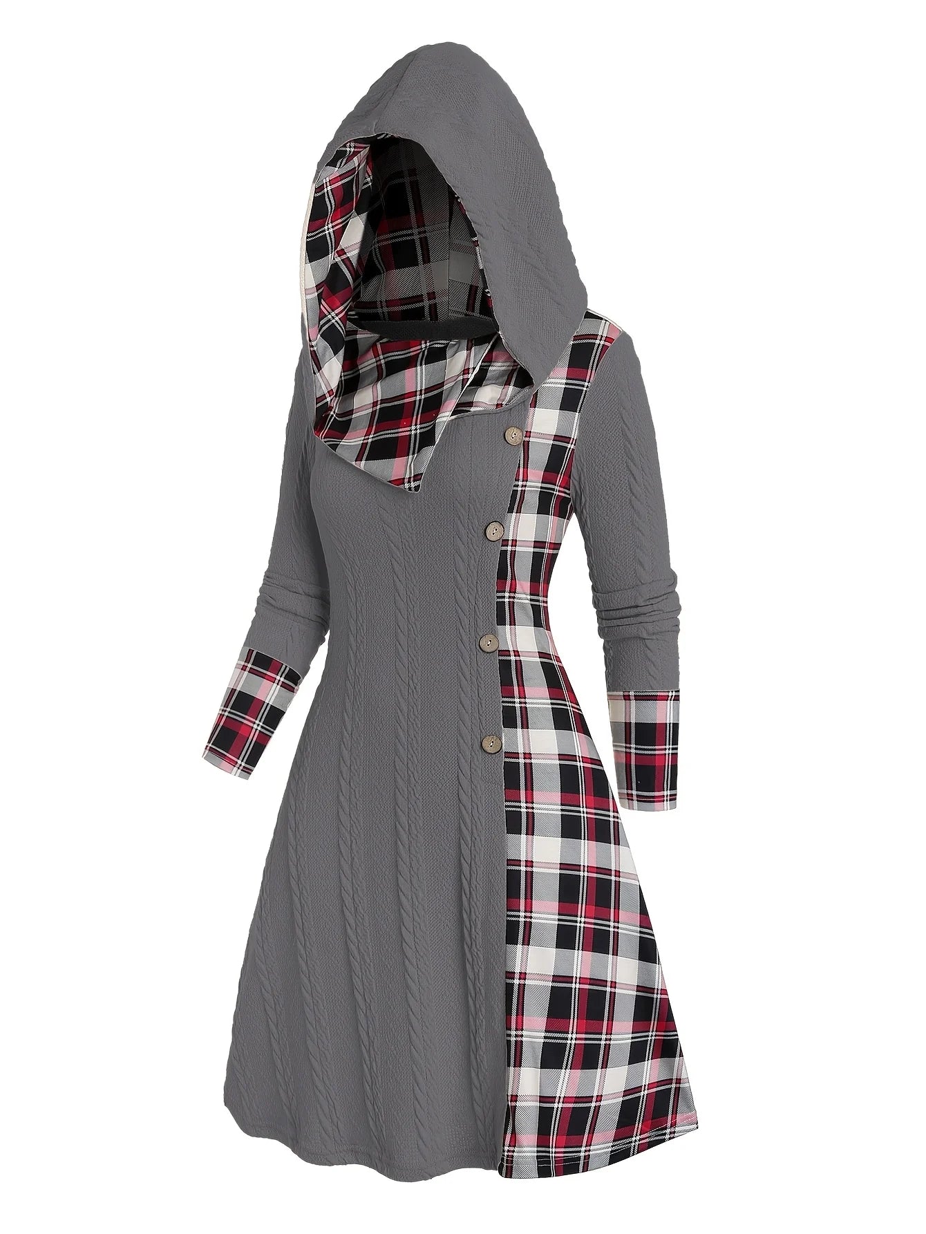 Women's Plaid Knitted Hooded A-Line Dress with Faux Buckle, High-Waist Long Sleeves