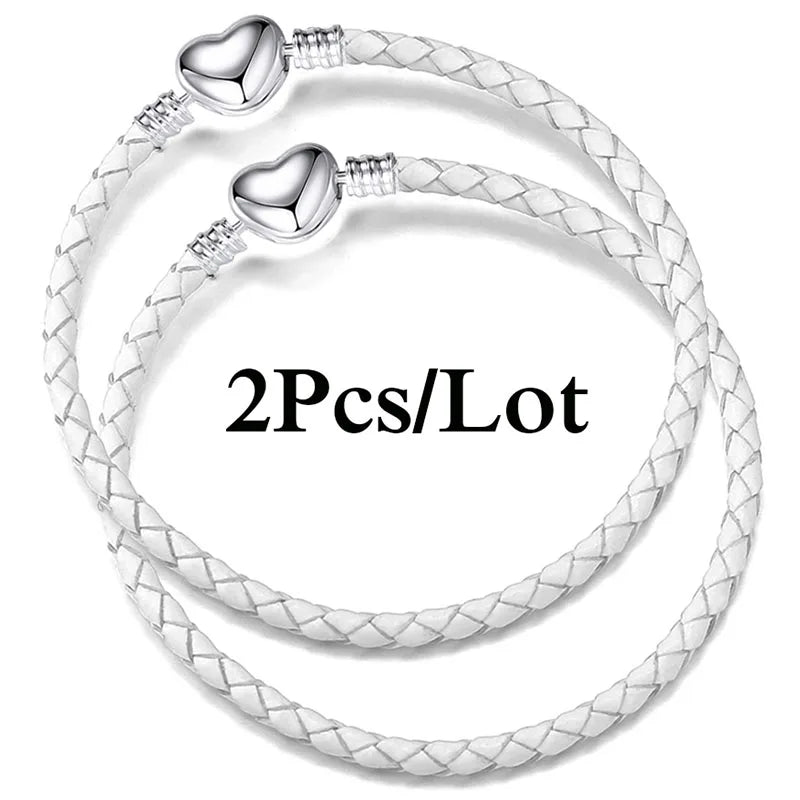 2-Pack Leather Chain Charm Bracelets with Beads – Handmade Couples Pulsera Jewelry (Unisex)