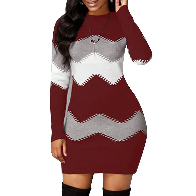 Women's Patchwork Rib Knit Turtleneck Sweater Mini Dress Long Sleeve Warm Casual A-Line