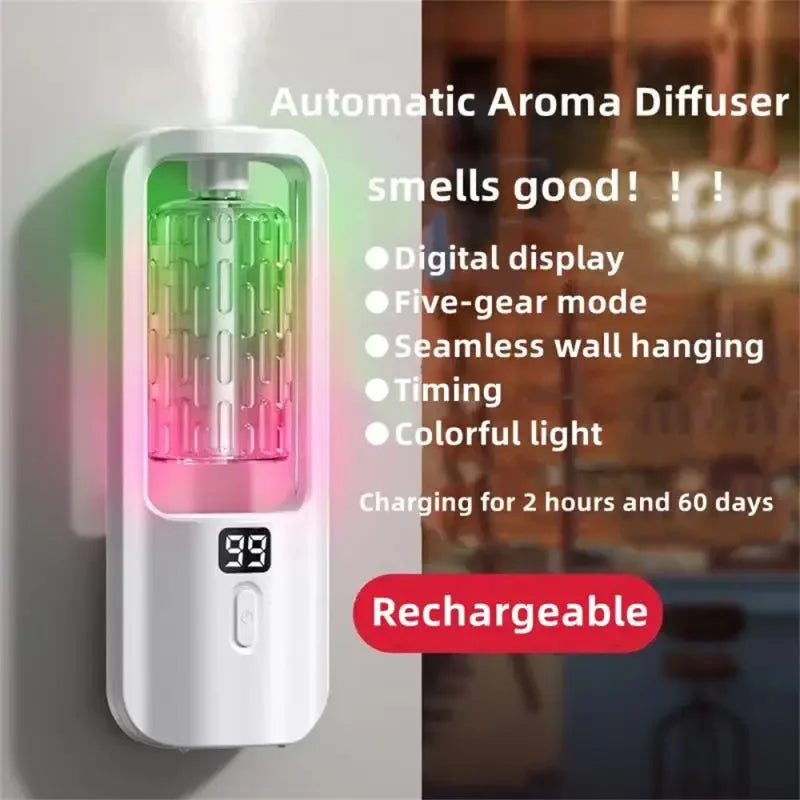 Wall-Mounted 50ml Aromatherapy Diffuser - USB-C Rechargeable Ultrasonic Air Purifier & Toilet Deodorizer with 5-Level Spray and Color Night Light