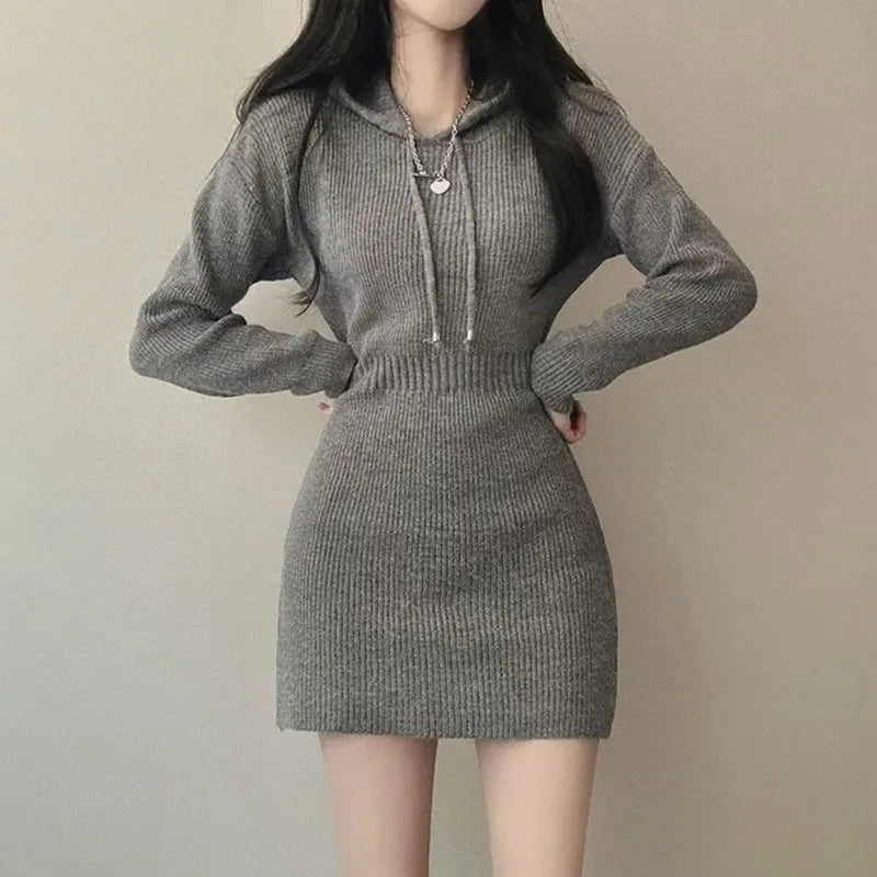 White Thick Knit Hooded Mini Dress - Korean Elastic High-Waist Bandage Long Sleeve Slim Fit