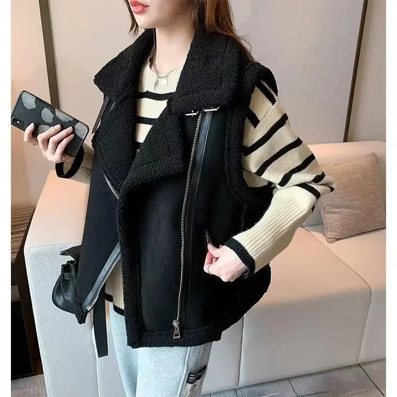Women's Lamb Wool Vest – Korean-Style Loose Fit Zippered Fur Collar Outerwear for Autumn Winter