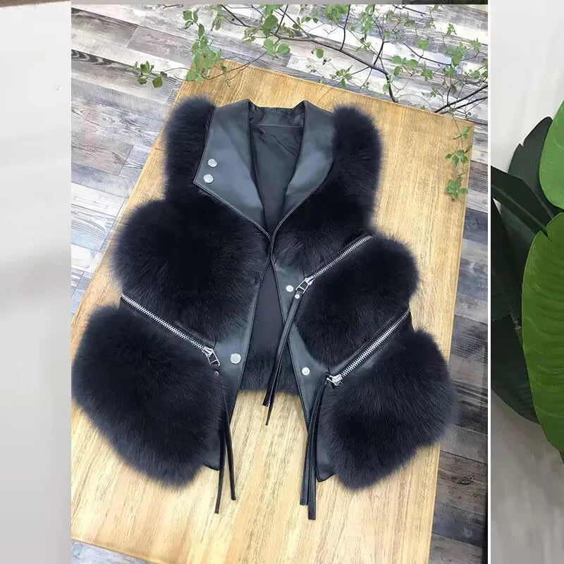 Women's Faux Fur Plush Vest – Sleeveless Zipper Waistcoat with PU Leather Trim, Cozy Autumn/Winter Outerwear
