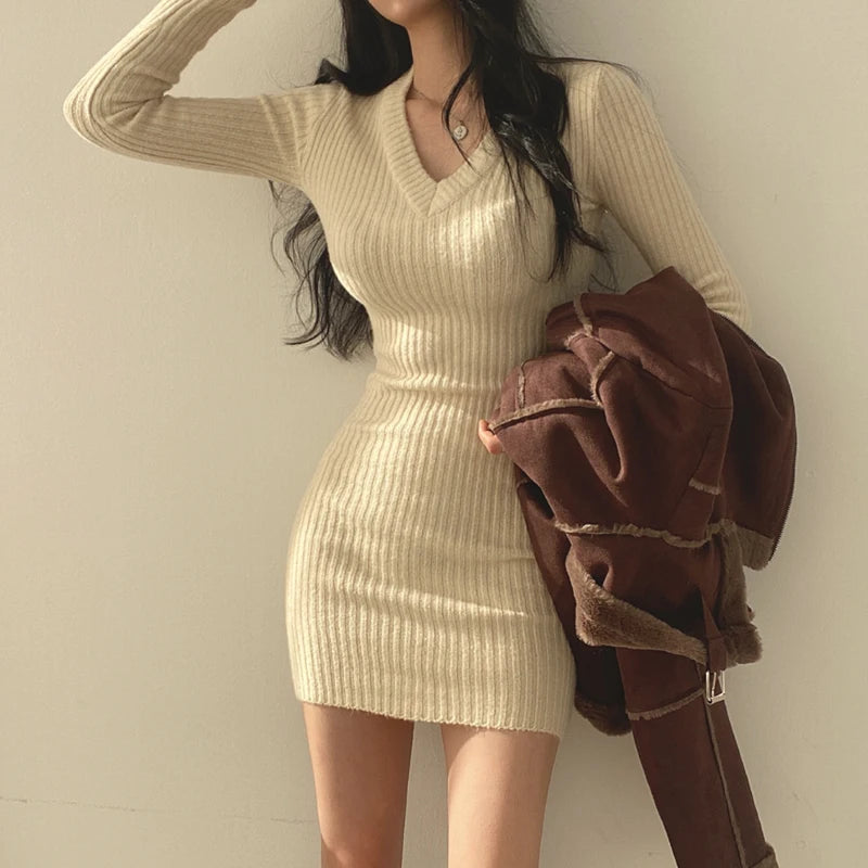 V-Neck Knit Sweater Dress — Long Sleeve Autumn/Winter Bodycon Mini, One Size, Solid Colors (Gray/Black/Apricot)
