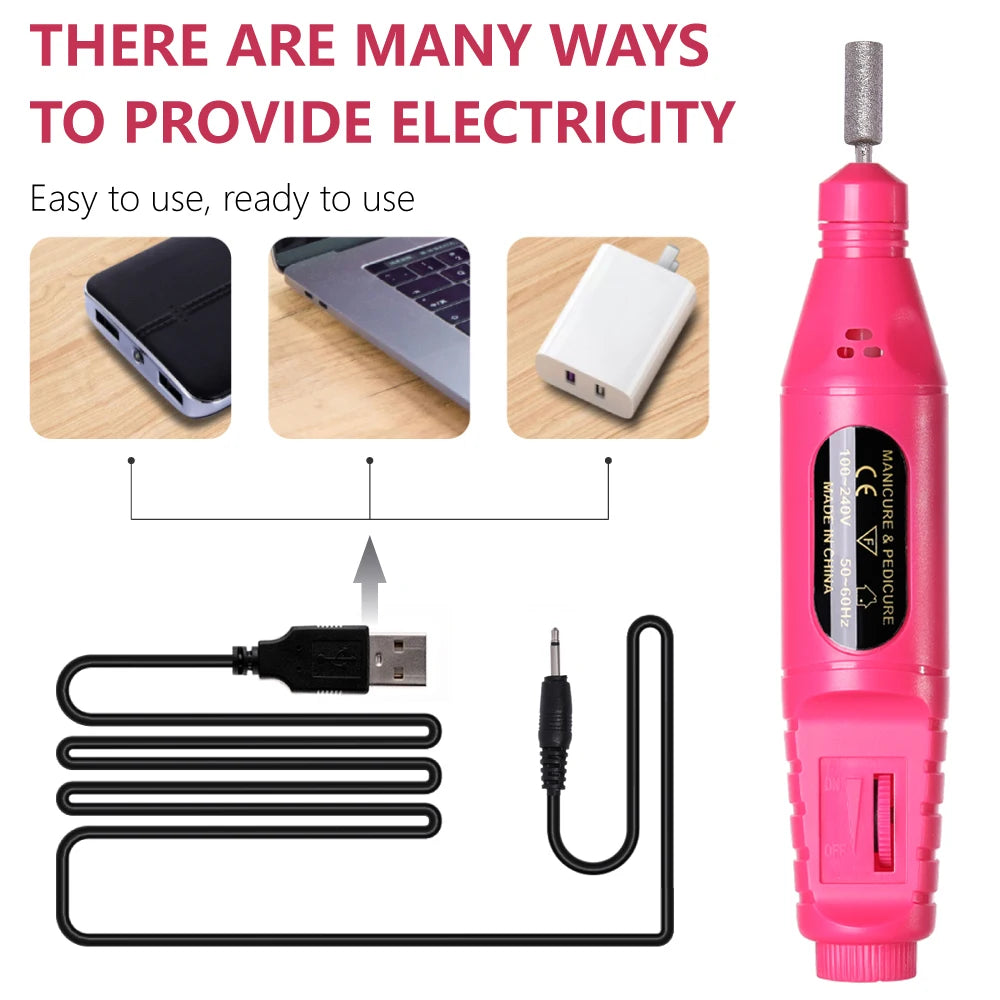 YIKOOLIN 6-in-1 USB Electric Nail Drill Kit — Portable Pen-Style Manicure Polisher with Nail Art Bits