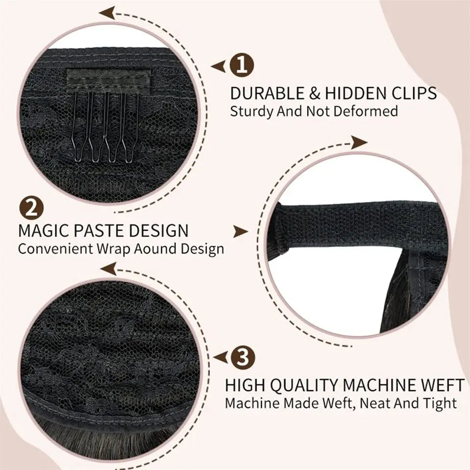 Kinky Straight Wrap-Around Clip-In Ponytail Extensions — 8–24 in (20–60 cm) Afro Kinky Brazilian Remy Human Hair