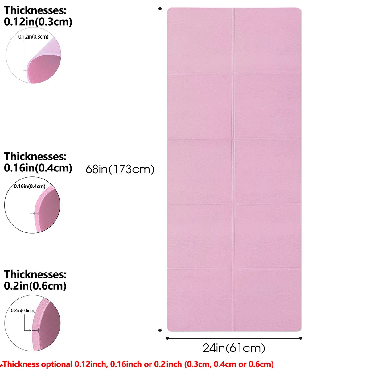 Foldable Pink EVA Yoga Mat – Eco-Friendly Travel & Exercise Mat, 173 x 60 cm (68 x 23.6 in), 3/4/6 mm Thickness