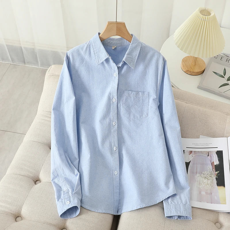 Women's Cotton Oxford Shirt - Casual Long-Sleeve Striped Blouse in White & Blue