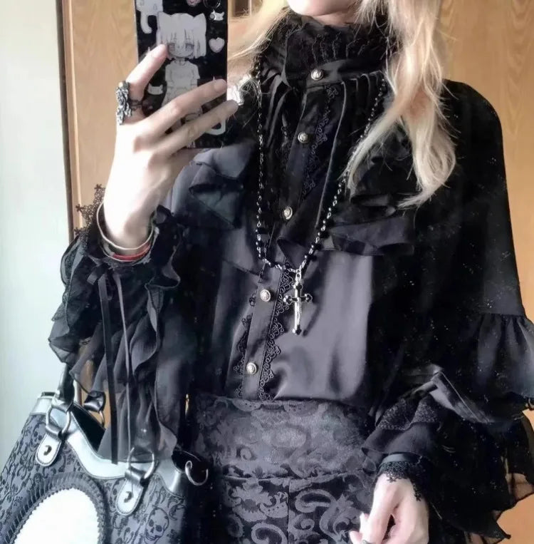 Kawaii Lolita Blouse for Women – Vintage Lace Patchwork Lantern Sleeve Top, Y2K Aesthetic JK Cosplay