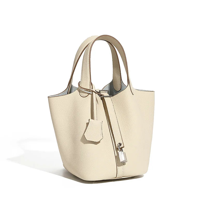 Women's Leather Bucket Bag – Basket-Style Drawstring Handbag, Mommy Bag for Bridal & Wedding