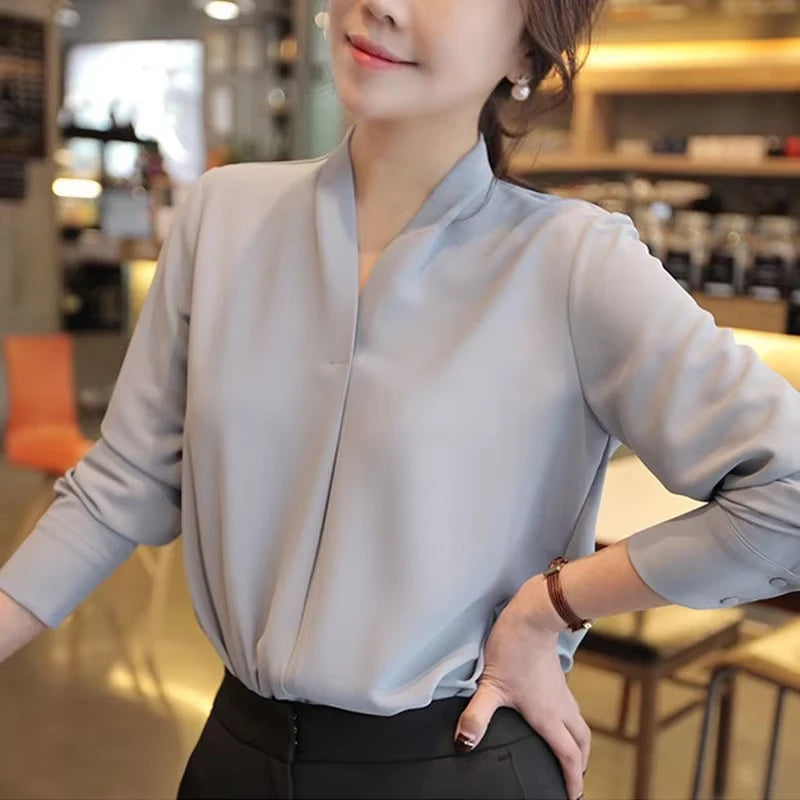 Korean Solid V-Neck Chiffon Blouse — Elegant Long Sleeve Loose-Fit Women's Commuter Shirt