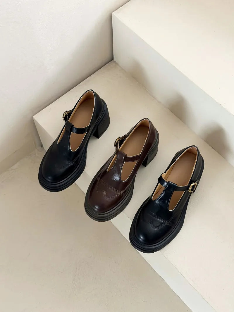 Women's T-Strap Mary Jane Pumps Chunky Square Heel 2–3 in (5–8 cm) Platform PU Round-Toe Buckle