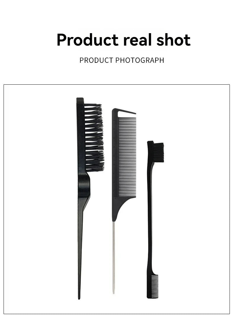 3-Piece Hair Comb & Eyebrow Brush Set - Tail Comb, 3-Row Detangling Comb, Steel Pin Tail Comb