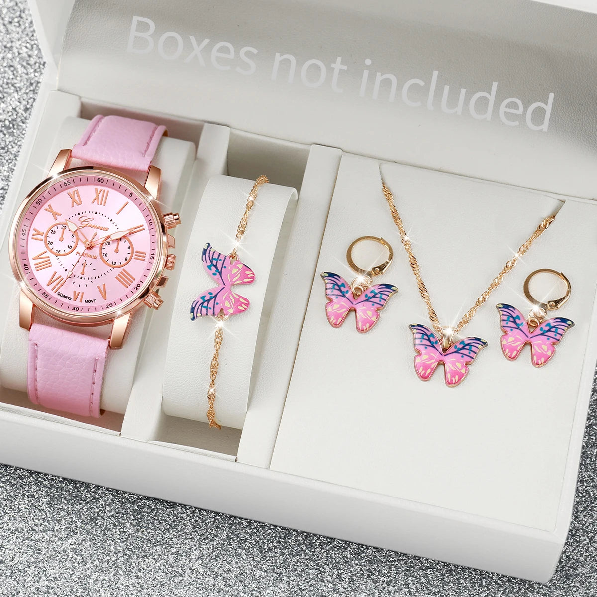 5/6-Piece Women's Quartz Leather Strap Watch Set with Heart Rhinestone Charm - Analog Fashion Wristwatches (Box Not Included)