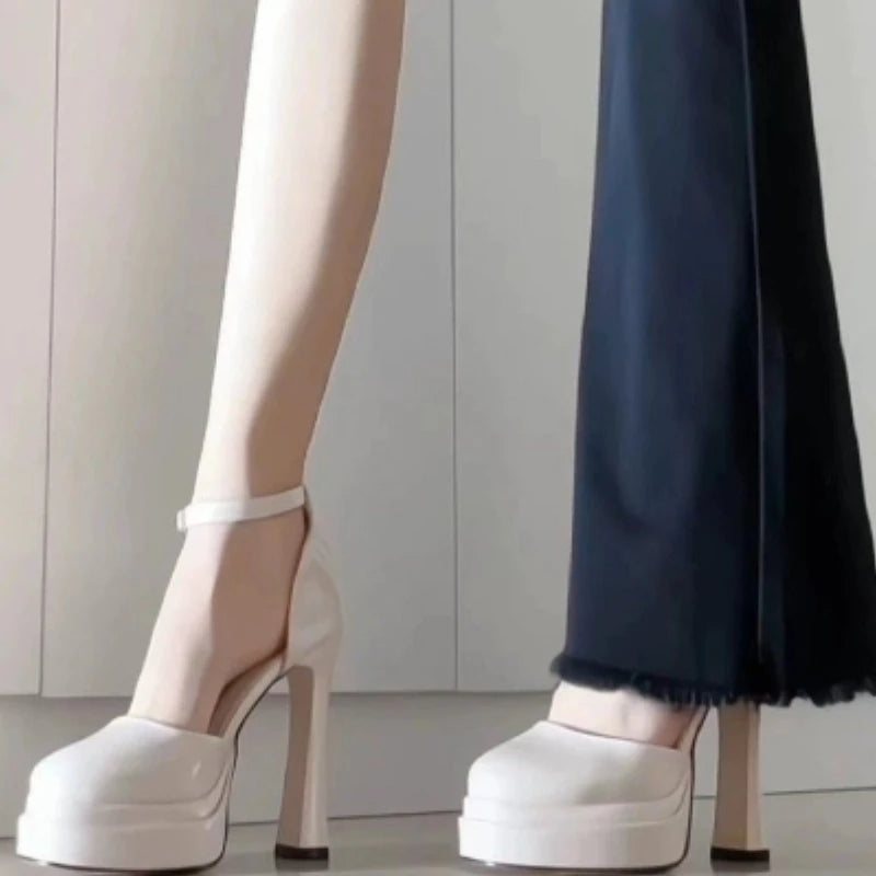 Women's Waterproof Patent PU Platform Sandals – 11 cm (4.3") Chunky Heel, Buckle Strap, White, EU 35-42