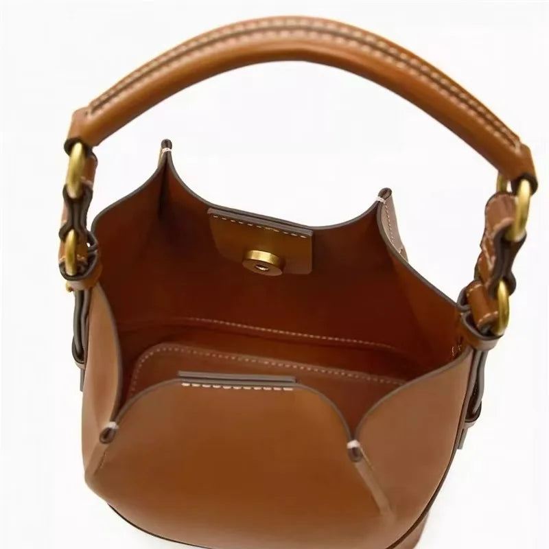 Korean Style Brown Drawstring Bucket Bag - Portable Crossbody Shoulder Bag