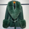 YOLOAgain Women's Genuine Sheepskin Leather Jacket with Real Fox Fur Detachable Collar & Sleeves - Belted Pockets, Autumn/Winter