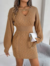Women's Knit O-Neck Lantern Sleeve Hollow-Out Sweater Dress Autumn Winter Casual Above-Knee