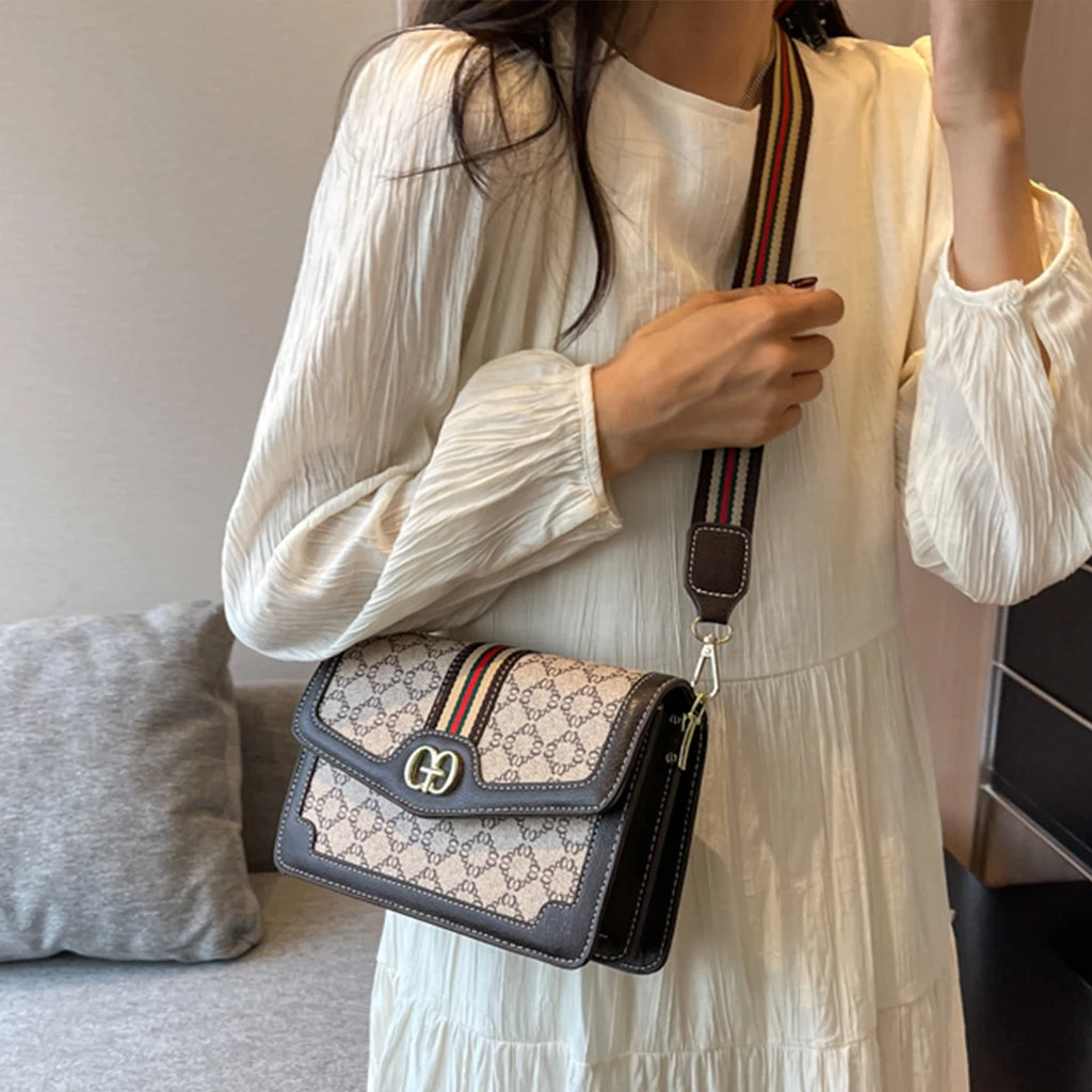 Geometric Quilted PU Shoulder Bag with Metal Logo — Lightweight Flap Crossbody, Magnetic Snap & Adjustable Strap