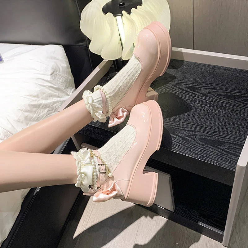 Pink Beaded Mary Jane Heels – Round Toe Platform Pumps with Square Heel, Spring/Autumn Party Shoes