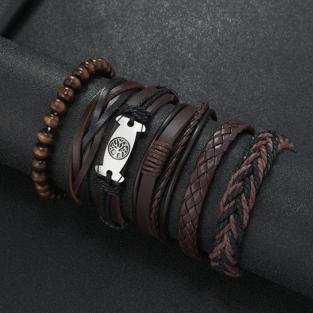 6-Pack Adjustable Leather Wrap Bracelets – Punk Beaded Tree Design, Unisex (17–24 cm / 6.7–9.4 in)