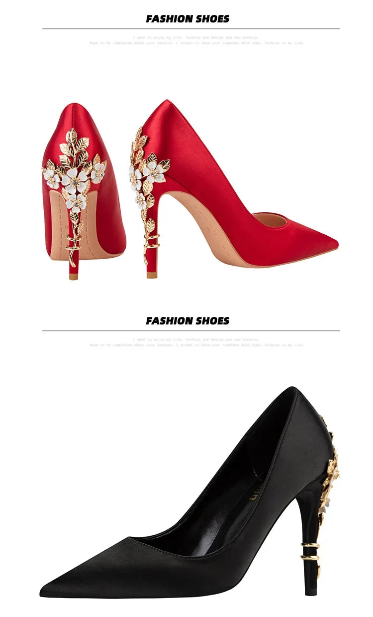 Women's Satin Pointed-Toe Stiletto Pumps with Metal Flower Detail — High Heel Wedding Shoes