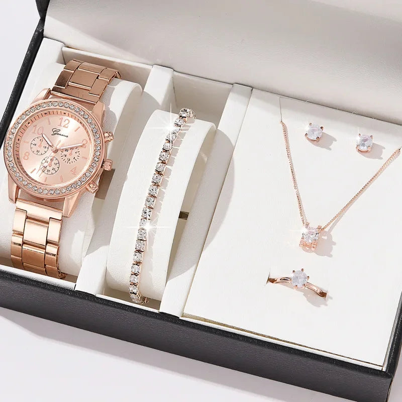 Women's Luxury Quartz Watch & 5-Piece Rhinestone Jewelry Set – Stainless Steel Strap, Bracelet, Necklace, Earrings & Ring