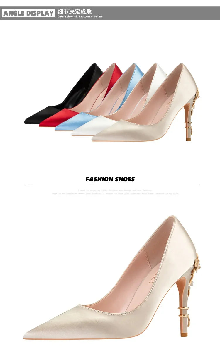 Women's Satin Pointed-Toe Stiletto Pumps with Metal Flower Detail — High Heel Wedding Shoes