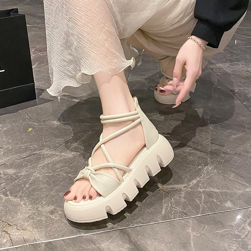 Women's Woven Ankle-Strap Mid Heel Sandals — Thick Sole Summer Clogs