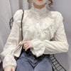 Women's Long Sleeve Loose Ruffle Lace Blouse – Button Stand Collar Pleated Casual Top (White/Apricot)