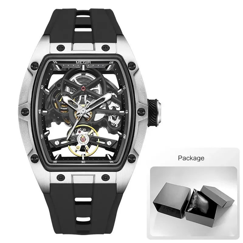 MEGIR Automatic Mechanical Men's Skeleton Watch 40-44mm (1.57-1.73 in) Stainless Steel Tonneau Case Silicone Strap 3ATM Water Resistant