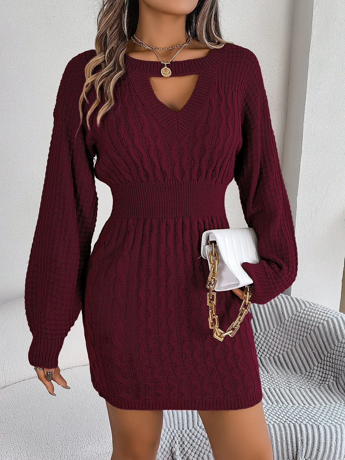 Women's Knit O-Neck Lantern Sleeve Hollow-Out Sweater Dress Autumn Winter Casual Above-Knee