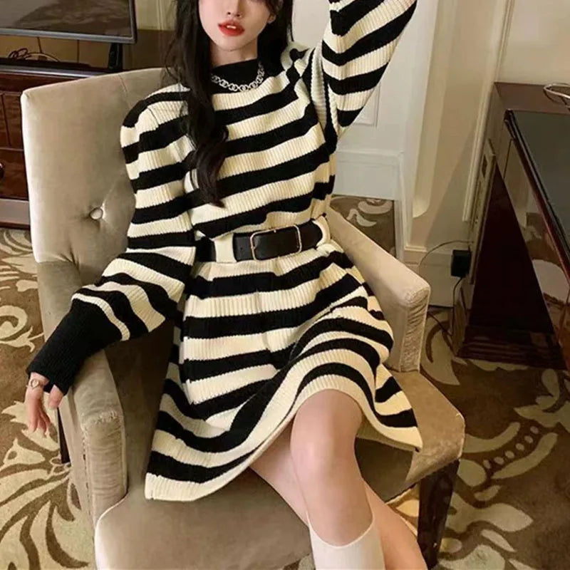 Autumn Winter Striped Knit Sweater Dress with Double Pockets, Korean Casual Loose Long Sleeve