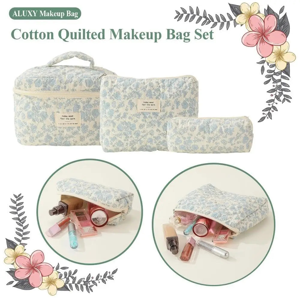 Quilted Cotton Makeup Bag – Zipper Cosmetic Organizer Box-Shaped Toiletry Case for Women & Girls
