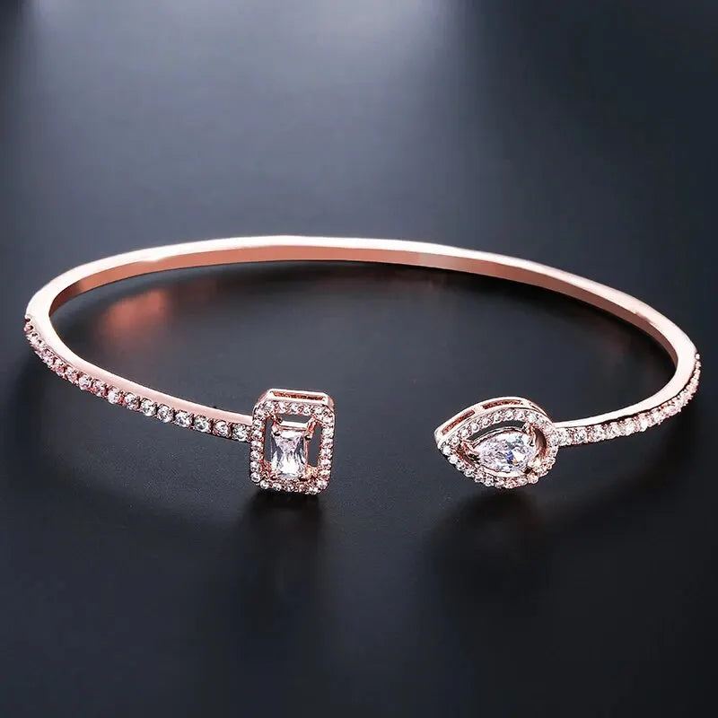 Geometric Gold-Color Cuff Bangle with Cubic Zirconia, Women's Fashion Bracelet for Party & Everyday