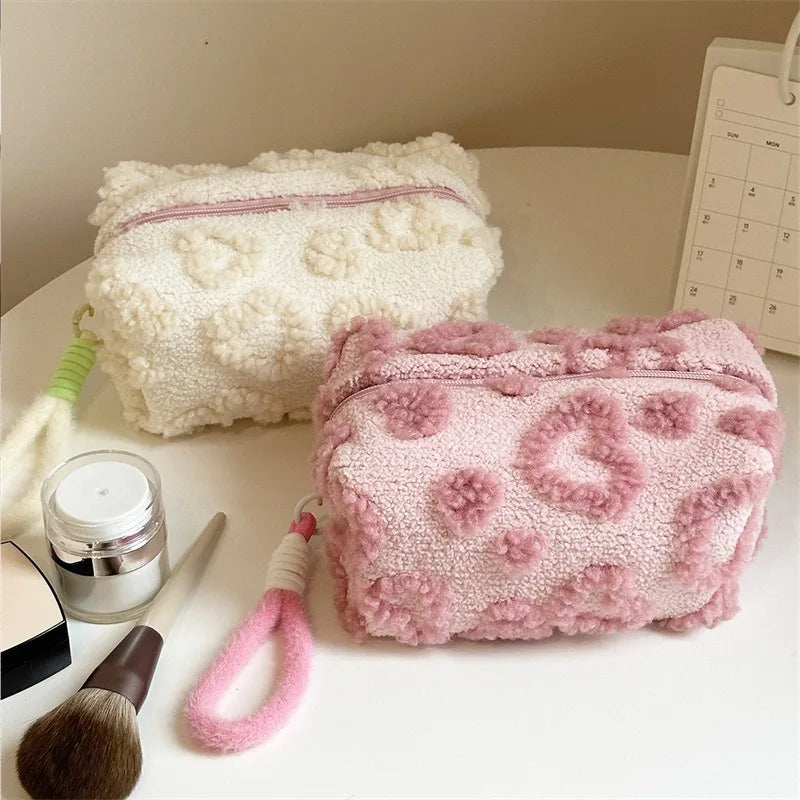 Plush Travel Makeup Bag with Handle — Heart Print Cosmetic Organizer Clutch Pouch