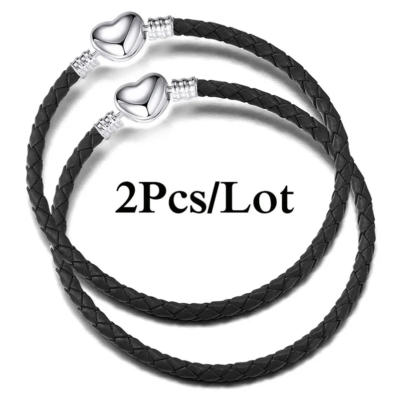 2-Pack Leather Chain Charm Bracelets with Beads – Handmade Couples Pulsera Jewelry (Unisex)