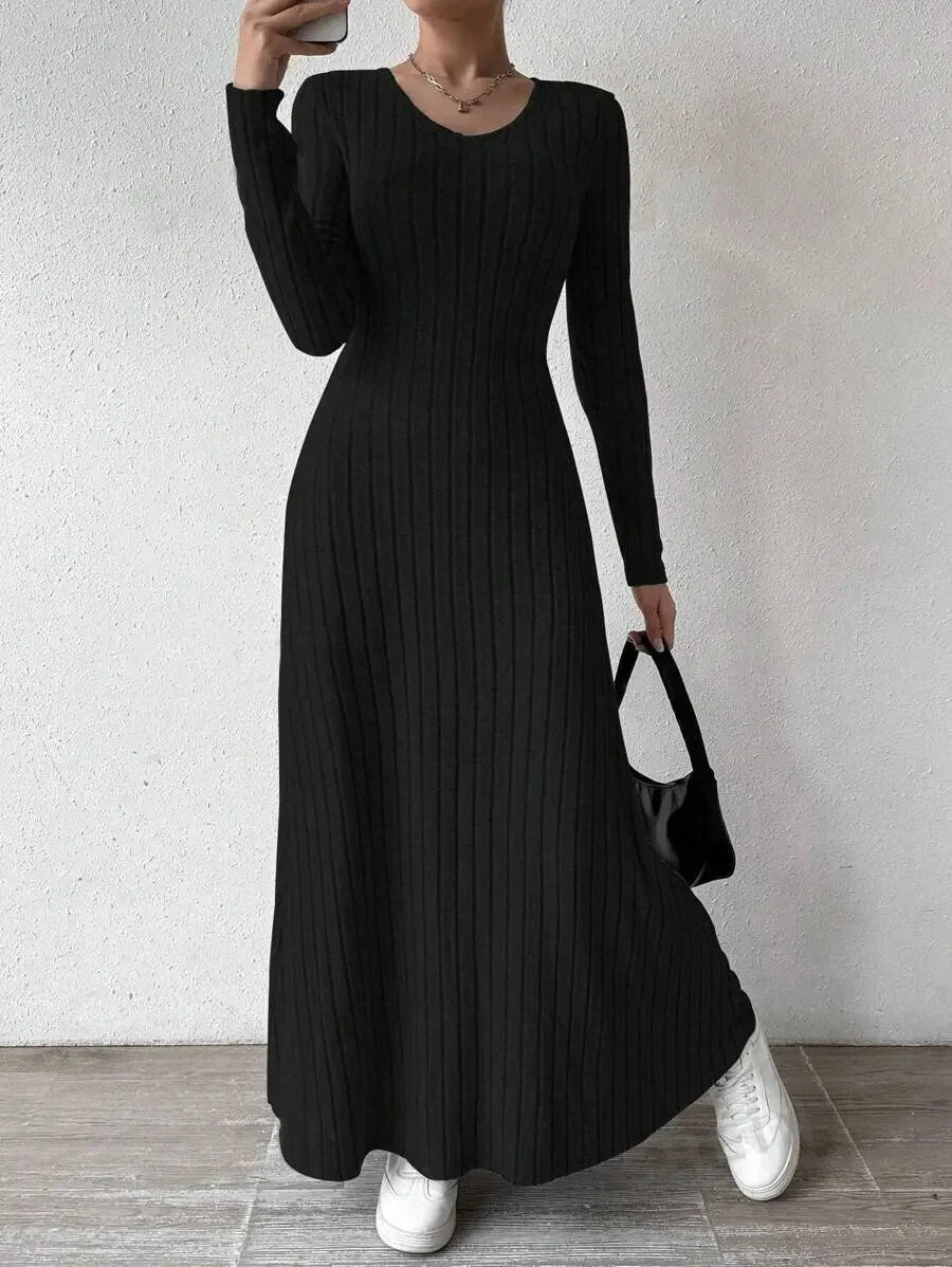 Knitted Long-Sleeve A-Line Dress — Slim Fit Solid Color Ankle-Length Streetwear for Women