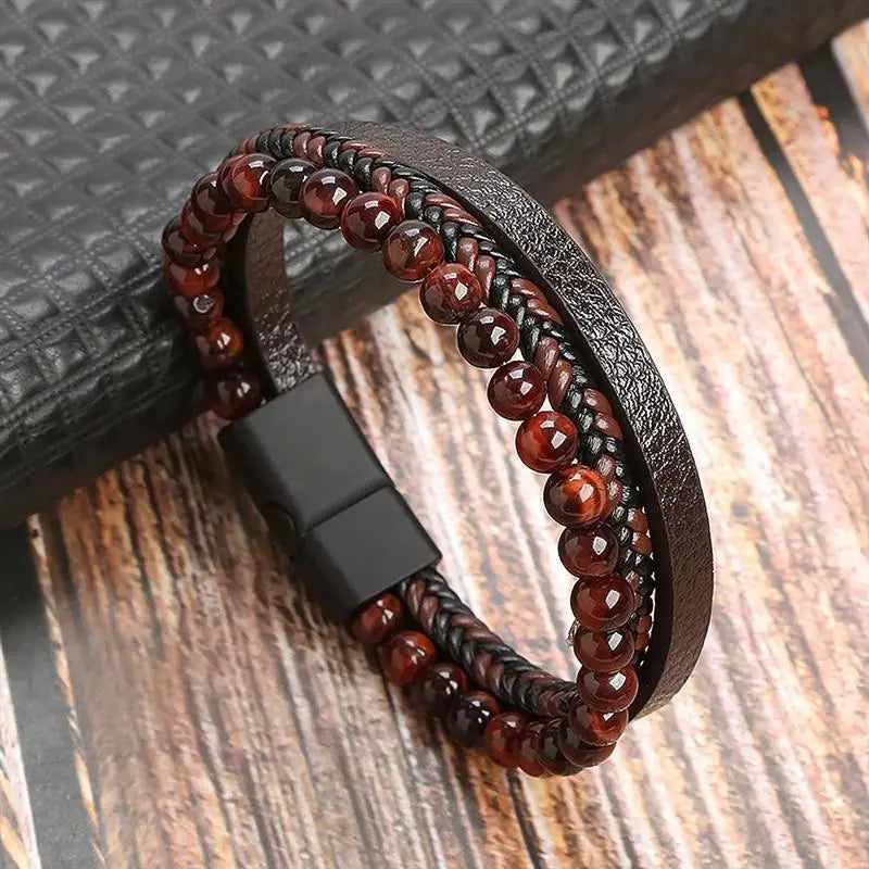 Men's Multi-Layer Woven Leather Bracelet with Alloy Magnetic Buckle - Punk Style, 19/21/23 cm (7.5/8.3/9.1 in)