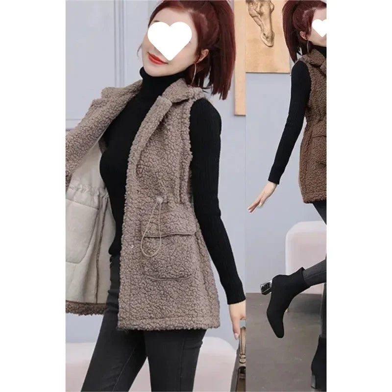 Women's Mid-Length Faux Sheepskin Vest - Faux Lambswool Fur Jacket with Integrated Shoulder Pads, Buttons & Pockets